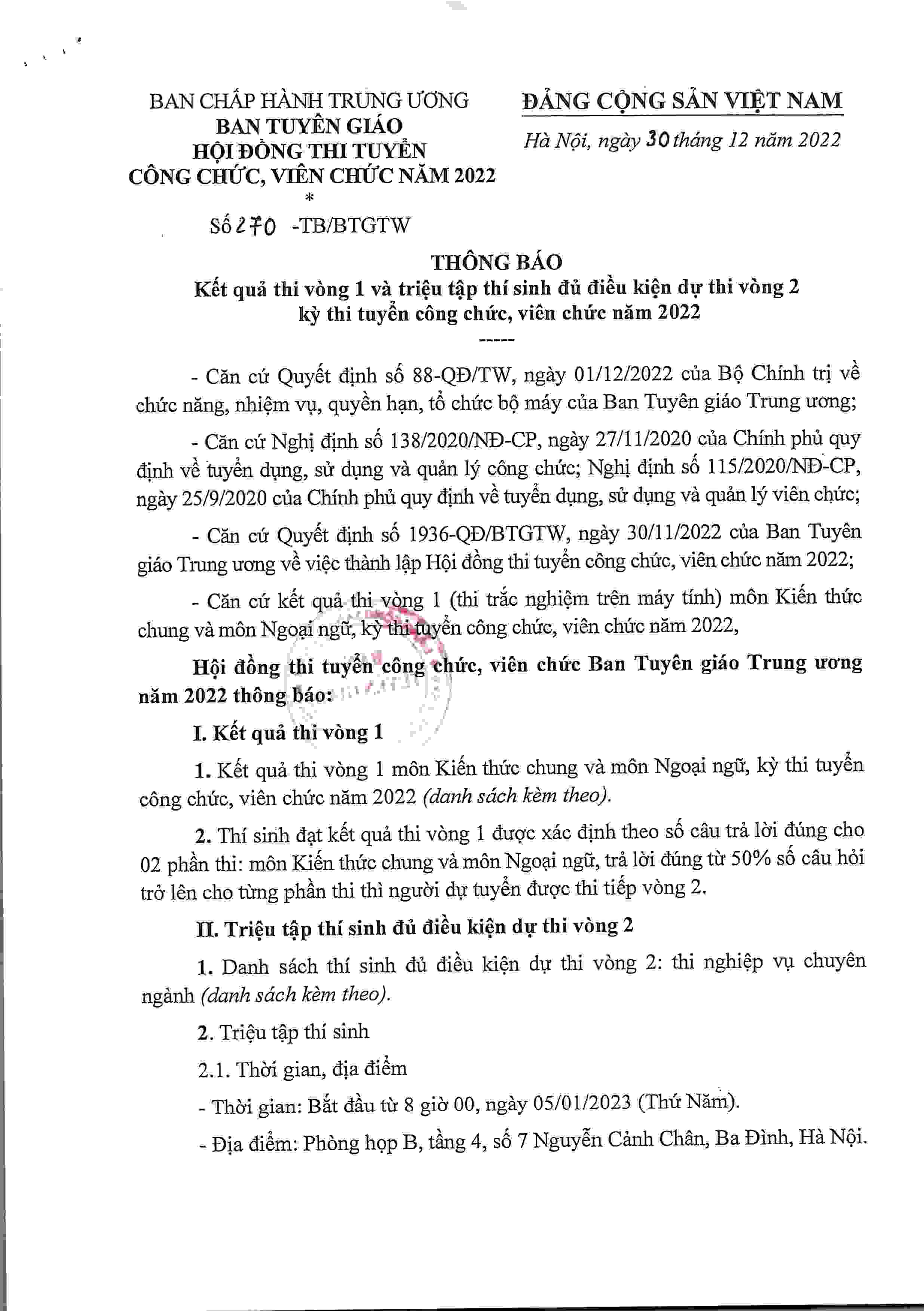 Thông báo kết quả vòng 1 và triệu tập thí sinh dự thi vòng 2 tuyển CC, VC Ban Tuyên giáo TƯ năm 2022