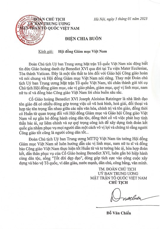 Điện chia buồn tới Hội đồng giám mục Việt Nam và Ủy ban đoàn kết Công giáo Việt Nam