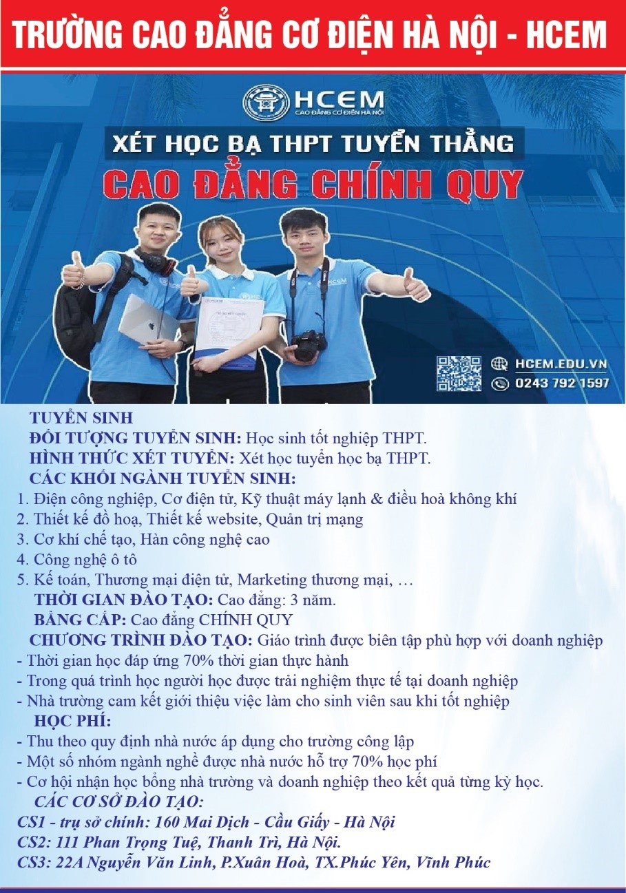 Trường Cao đẳng Cơ điện Hà Nội tuyển sinh năm 2023