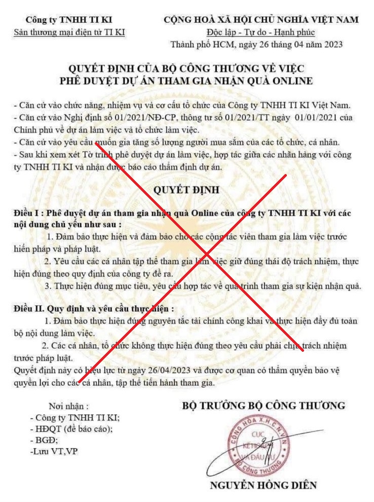 Bộ Công Thương cảnh báo giả mạo việc phê duyệt dự án tham gia nhận quà