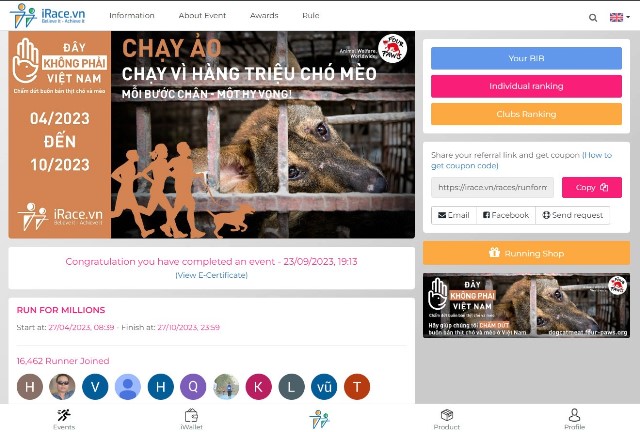Hơn 16 000 người tham gia giải chạy trực tuyến “Run for Millions – Chạy vì hàng triệu chó, mèo” 2023