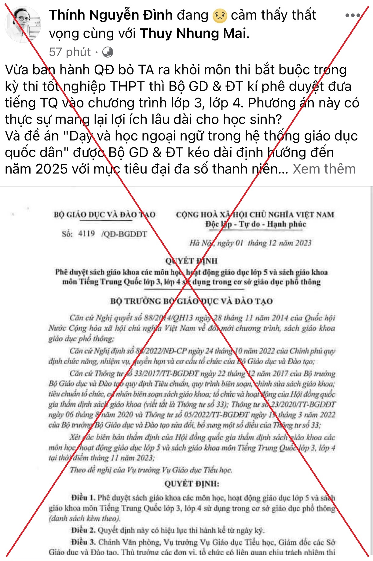 Đề nghị điều tra, xử lý hành vi xuyên tạc việc phê duyệt SGK tiếng Trung Quốc