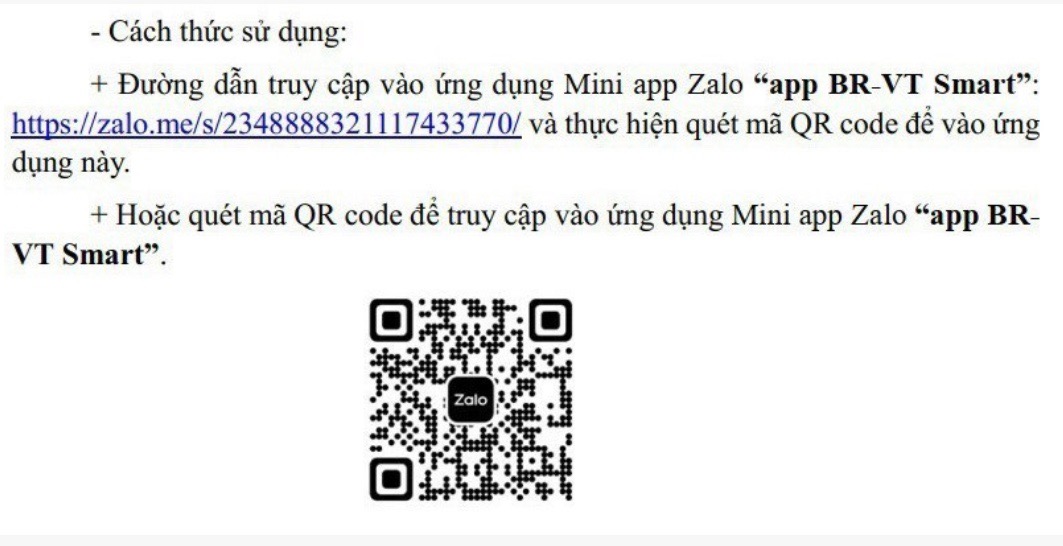 Vận hành app BR-VT Smart trên Zalo để hướng dẫn các thủ tục hành chính