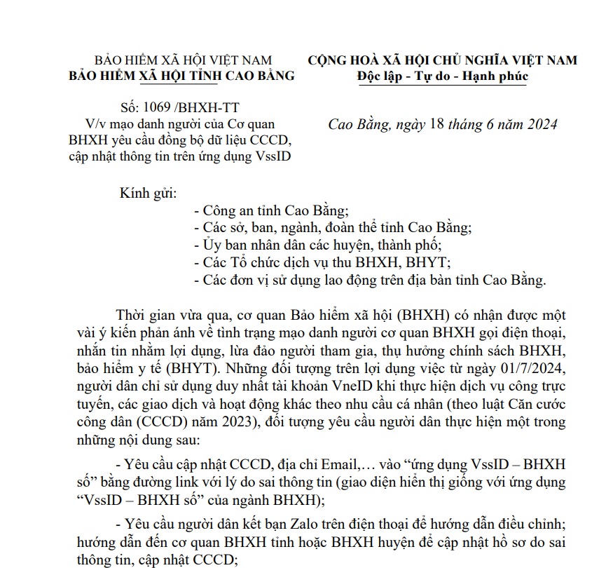 Cao Bằng Cảnh báo tình trạng kẻ xấu mạo danh người của cơ quan BHXH yêu cầu đồng bộ dữ liệu căn cước công dân