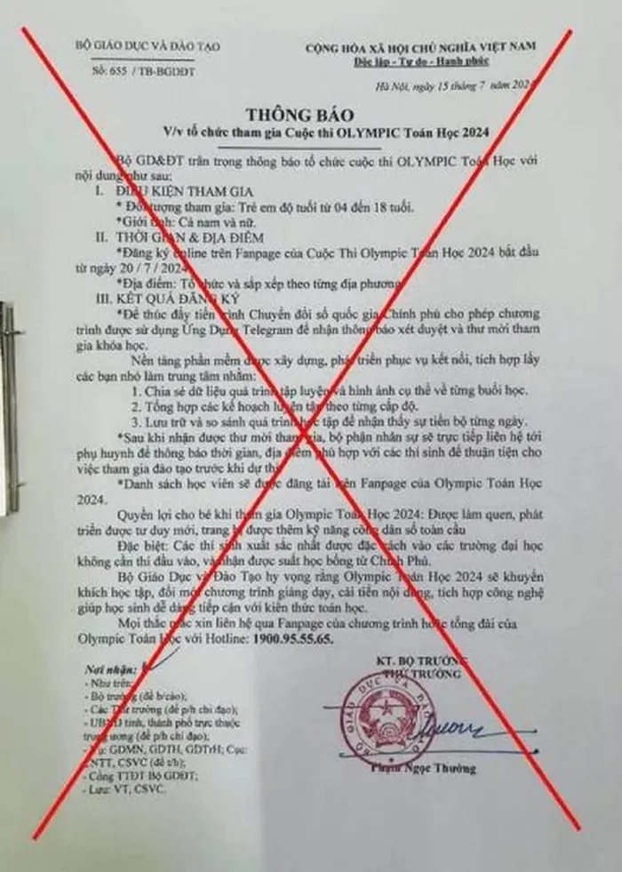 Bộ GD ĐT cảnh báo giả mạo văn bản tổ chức thi Olympic Toán học 2024