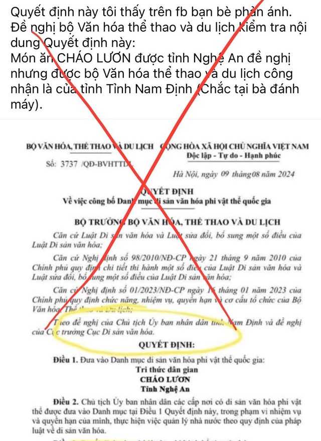 “Cháo lươn” Nghệ An được đề cử Di sản văn hóa phi vật thể là thông tin giả