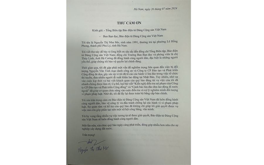 Thư cảm ơn Báo điện tử Đảng Cộng sản Việt Nam