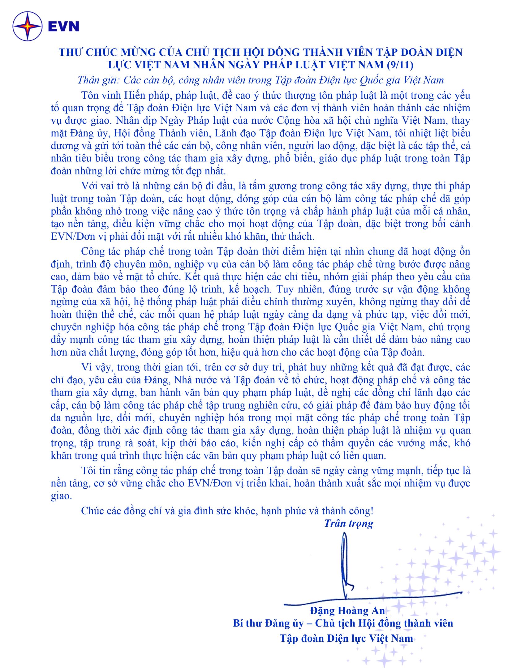Thư chúc mừng của Chủ tịch HĐTV EVN nhân Ngày Pháp luật Việt Nam