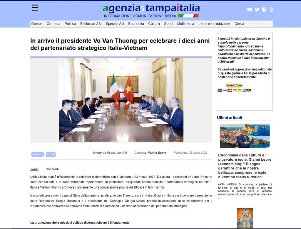 Presse italienne la visite du président vietnamien vise à promouvoir la coopération
