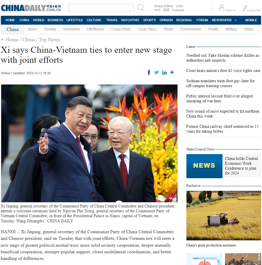 La visite du président Xi Jinping au Vietnam fait la une des journaux chinois