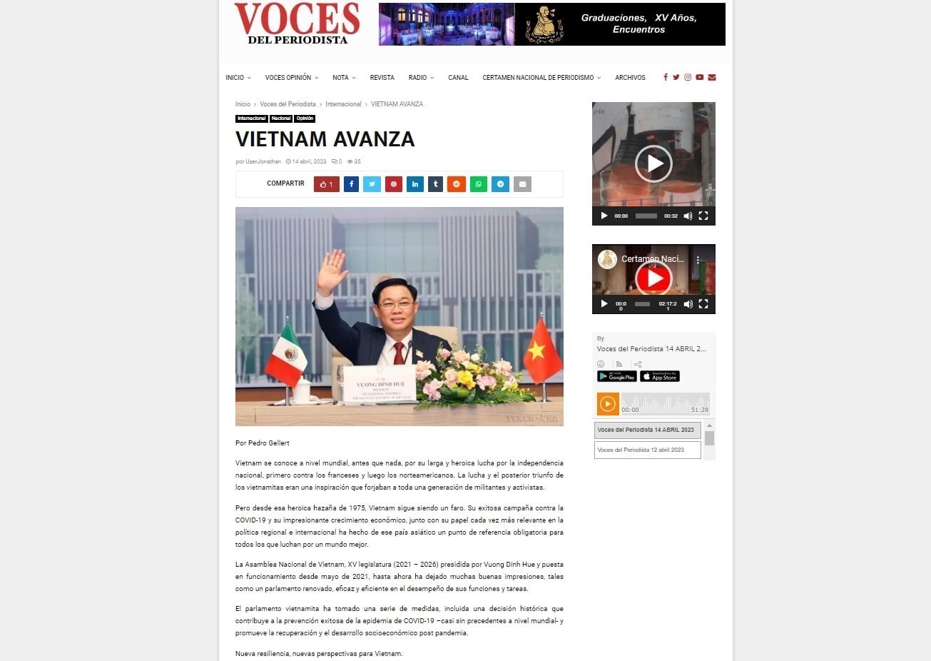 墨西哥媒体密集报道越南国会主席王廷惠拉美之行