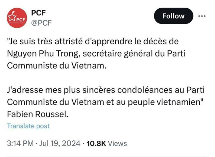 各国共产党和左翼政党领导人高度评价阮富仲总书记的贡献