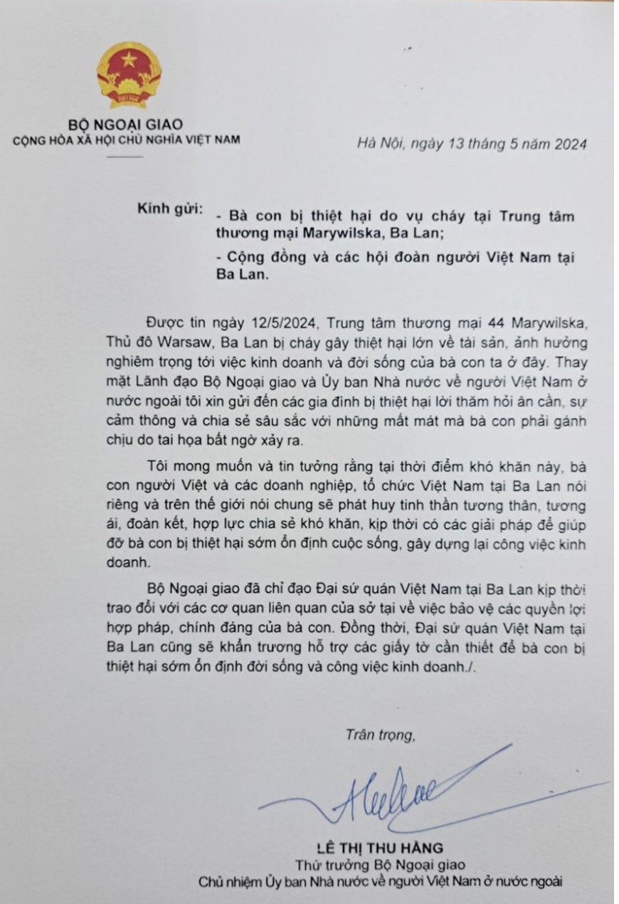 Замглавы МИД Ле Тхи Тху Ханг направила письмо со словами сочувствия соотечественникам, пострадавшим от пожара в торговом центре в Польше