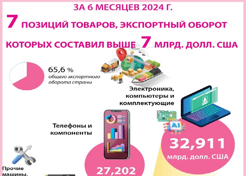7 позиций товаров, экспортный оборот которых составил выше 7 млрд долл США за 6 месяцев 2024 г