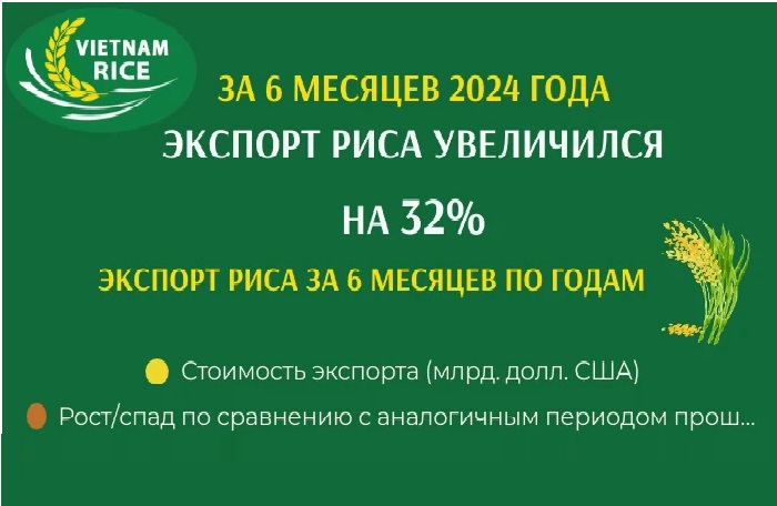 За 6 месяцев 2024 года экспорт риса увеличился на 32