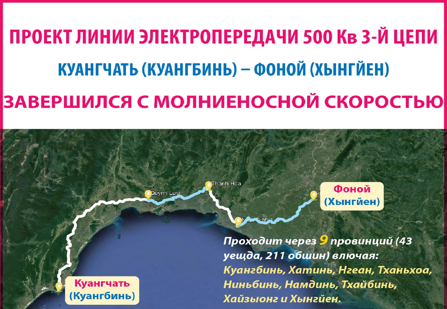 Проект линии электропередачи 500 кВ 3-й цепи Куангчать-Фоной завершился с молниеносной скоростью