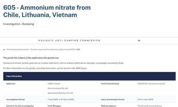Australia no impondrá derechos antidumping al nitrato de amonio procedente de Vietnam