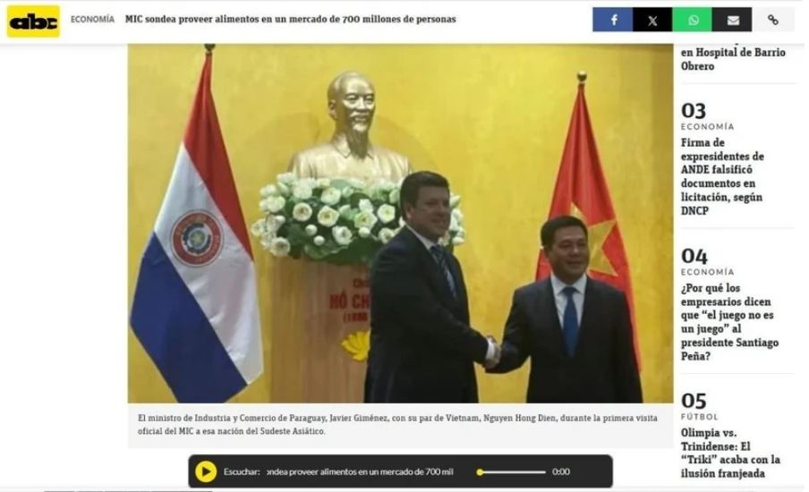 Diario paraguayo destaca las perspectivas de cooperación comercial con Vietnam