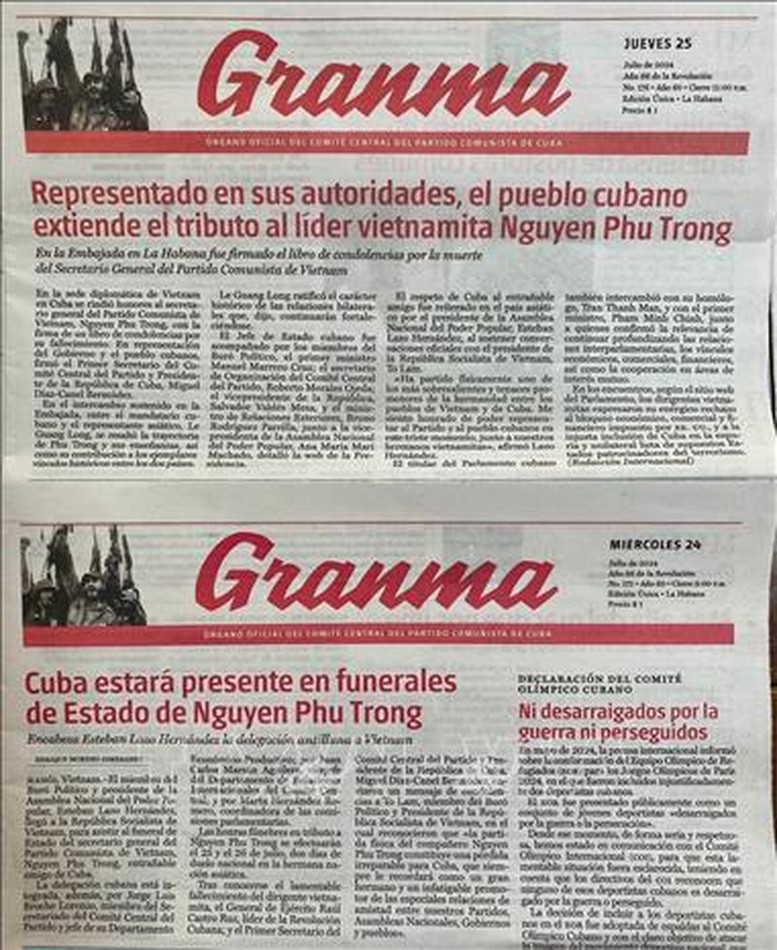Medios cubanos destacan amplia cobertura sobre el líder del Partido Comunista de Vietnam Nguyen Phu Trong
