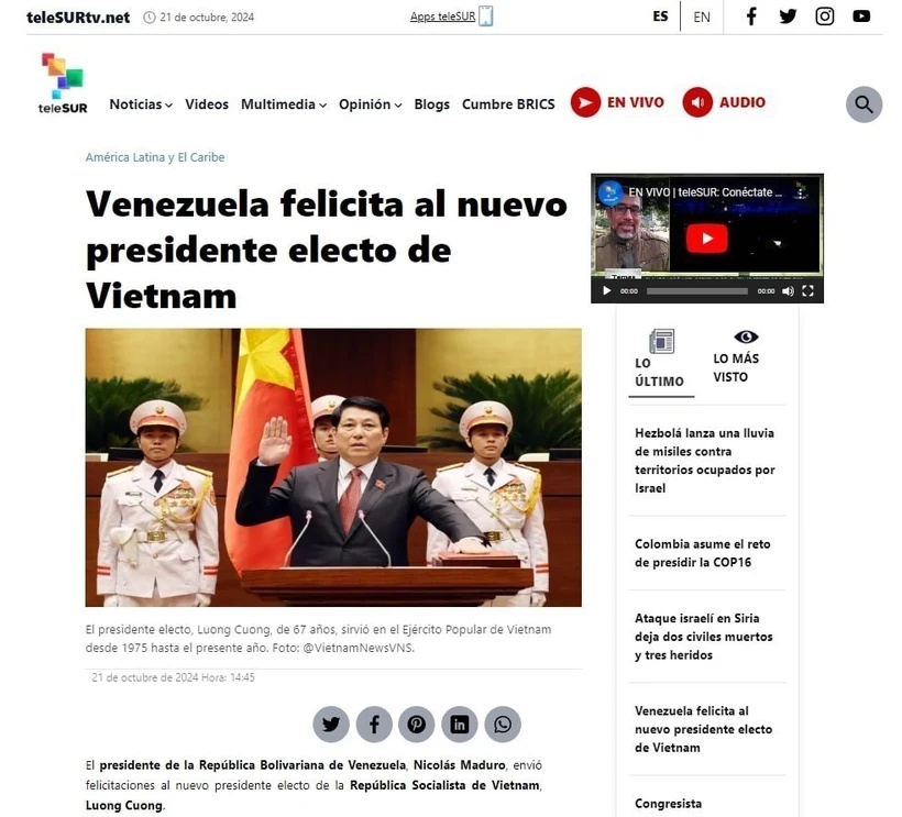 El presidente de Venezuela, Nicolás Maduro, felicita al nuevo Presidente de Vietnam